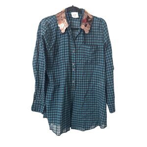 ALYSI Checkered Tunic Sequin Collar Teal Sz 4‎